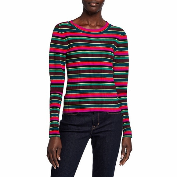 Milly Stripe Puff Sleeve Rib Knit Pullover Candycane Holiday Sweater Top - Picture 13 of 13